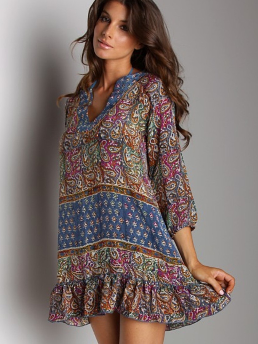 Tolani Paisley Boho Ruffle Hem 100% Silk Women's Dress XS